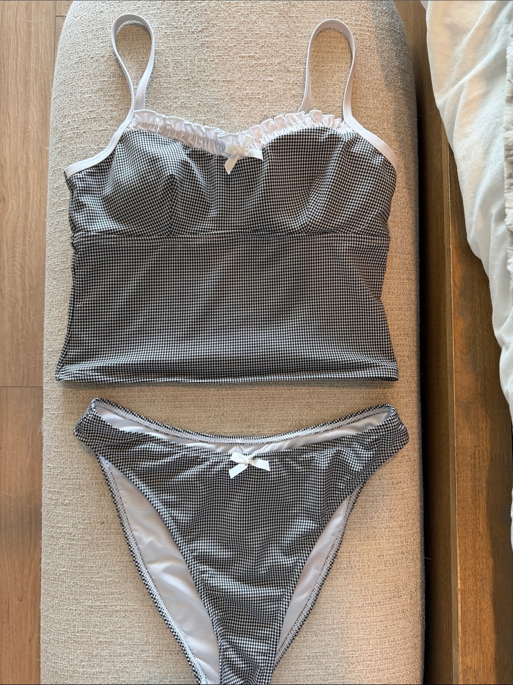 Women's Black & White Gingham Tankini Set with Bow Detail